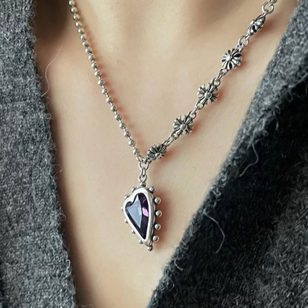 Silver Color Splicing Chain Necklace Trendy Vintage Creative Purple LOVE…